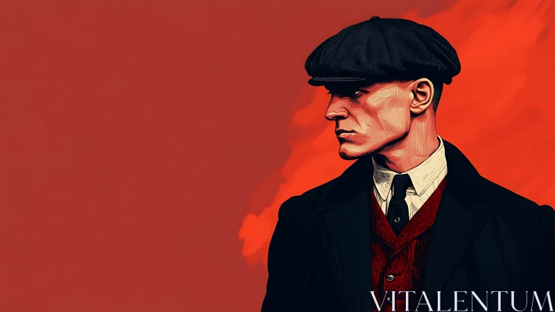 Man in flat cap and suit looks right against red backdrop