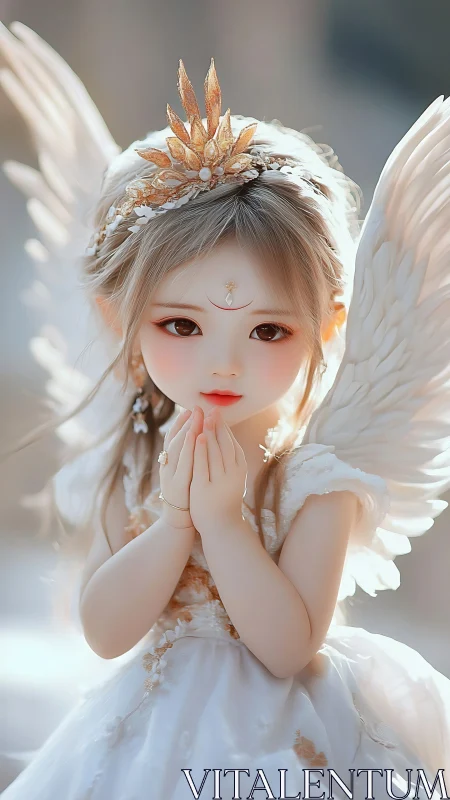 Gentle winged child in golden crown and glowing daydream.