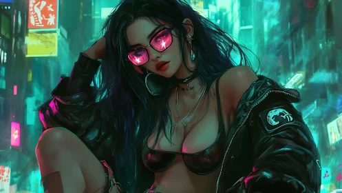 Neon-lit cyberpunk girl gazes through glowing pink lenses.
