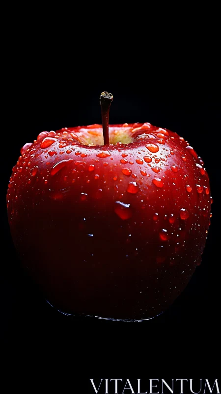 Crimson rainstorm crowns a lonely apple in inky darkness