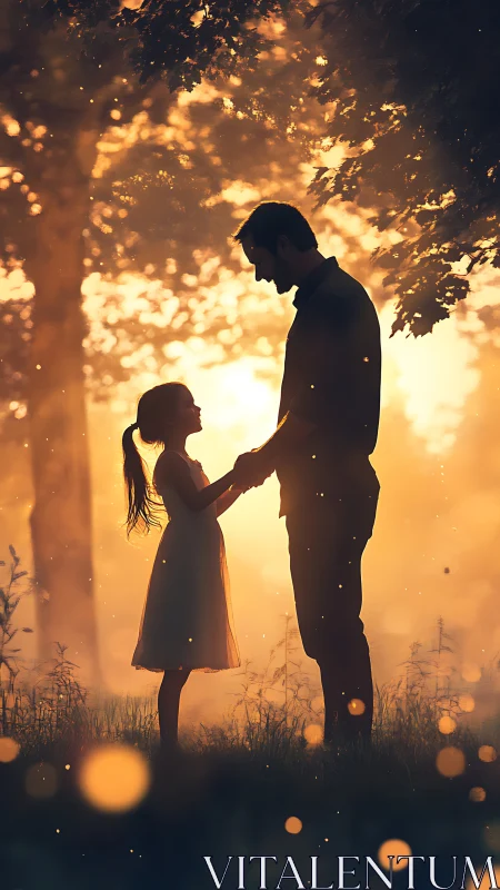 Father and daughter bond silhouetted in golden sunset glow.
