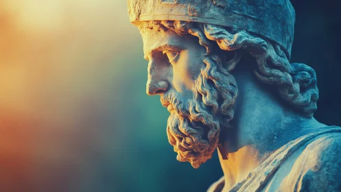 Ancient warrior marble bust under golden sunset glow.