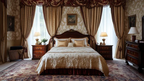 Luxury traditional bedroom showcases ornate classical decor
