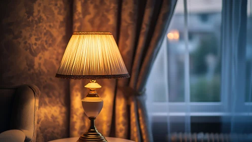 Table lamp illuminates patterned wall beside curtained window