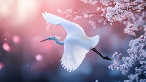 White egret soaring amid cherry blossoms in soft morning light.