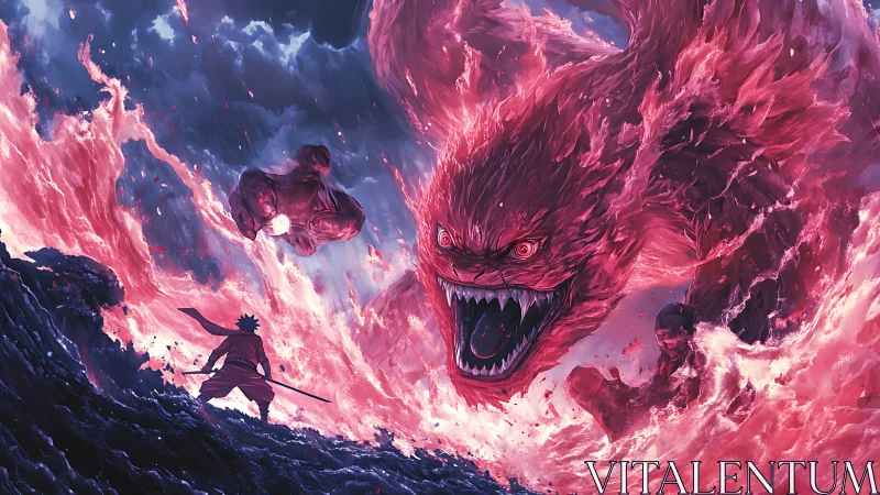 Volumetric inferno beast confronting lone sword wielder.