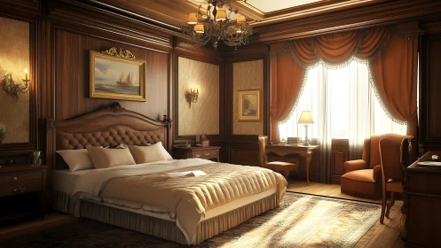 Classic wood-paneled bedroom shows warm lighting and decor