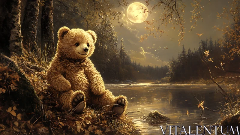 Teddy bear beside moonlit forest lake under full moon.