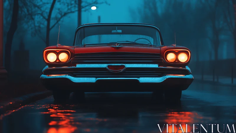 Classic red sedan under streetlights on rainy night.