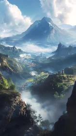 Epic fantasy valley stretches beneath towering snowy peak.