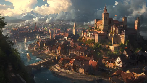 Sunlit medieval riverside city rendered in cinematic digital detail