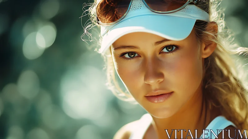 Sunlit athlete portrait with teal bokeh background glow.