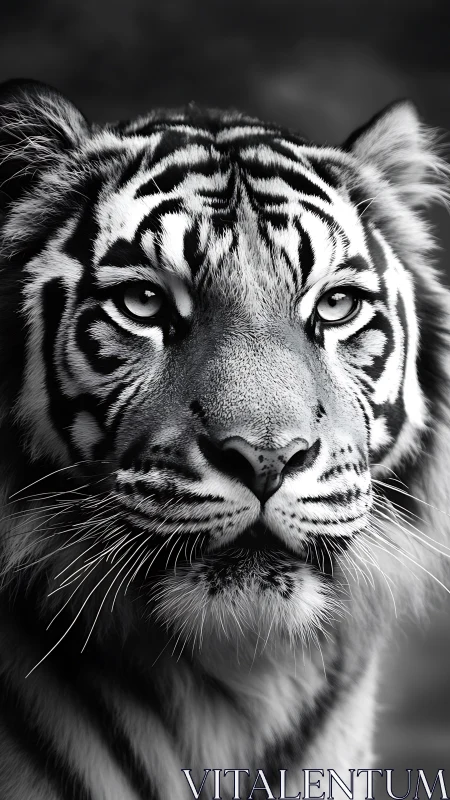 Monochrome tiger portrait with intense forward gaze.
