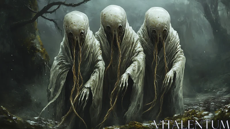 Three cloaked eldritch figures in a misty forest scene.