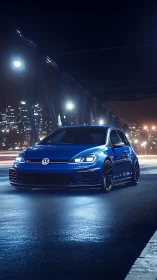 Volkswagen hot hatch in blue under cinematic bridge lighting.