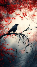 Solitary raven broods on a crimson branch in misty forest