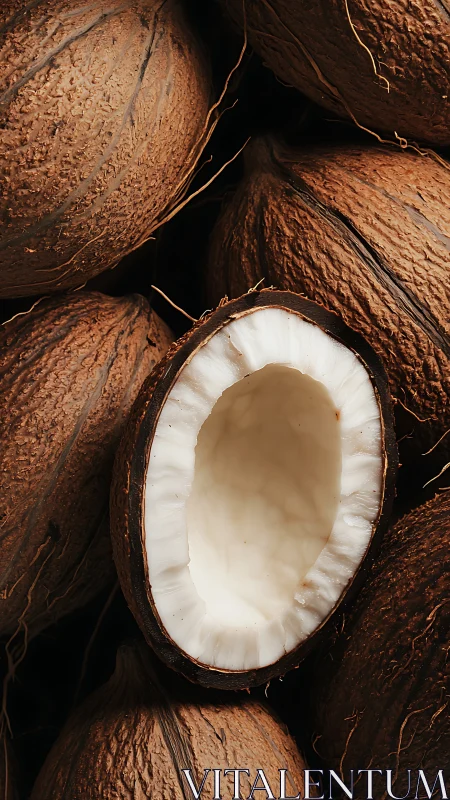 Macro closeup of halved coconut with fibrous brown husks