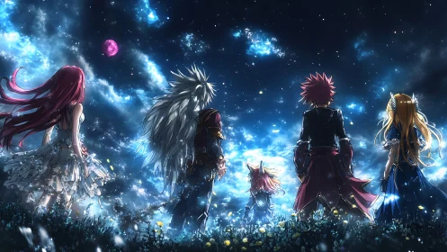 Five anime heroes gaze toward luminous cosmic night sky
