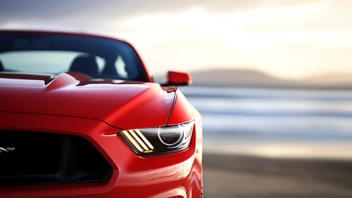 Red sports coupe nose captures coastal sunset reflections.