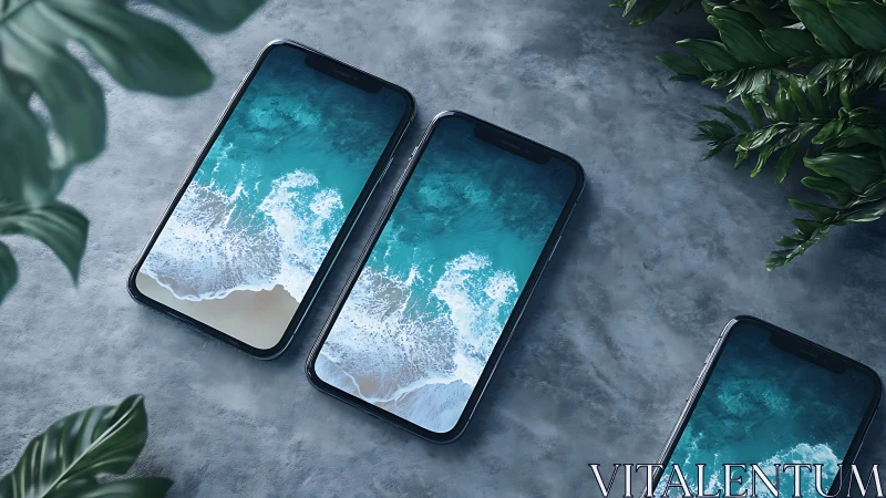 Smartphones display aerial ocean waves on cool stone surface