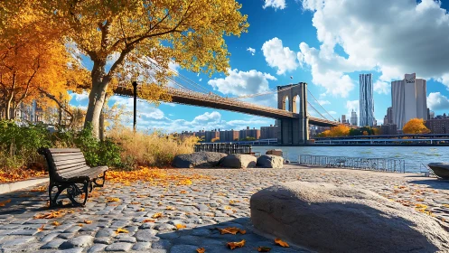 Brooklyn Bridge autumn waterfront park with cobblestone foreground