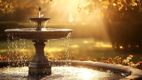 Stone garden fountain catches warm low-angle sunlight