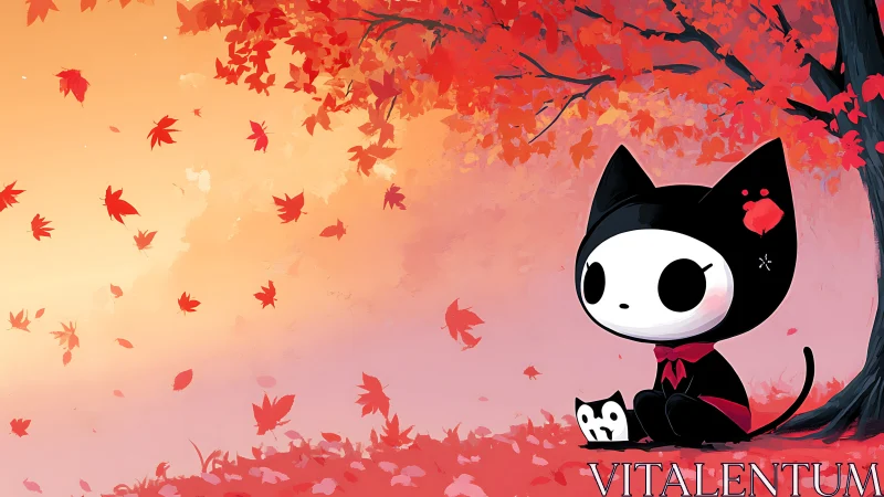 Cartoon cat figure under red autumn tree with falling leaves.