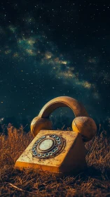 Vintage desert telephone under luminous starry galaxy sky.