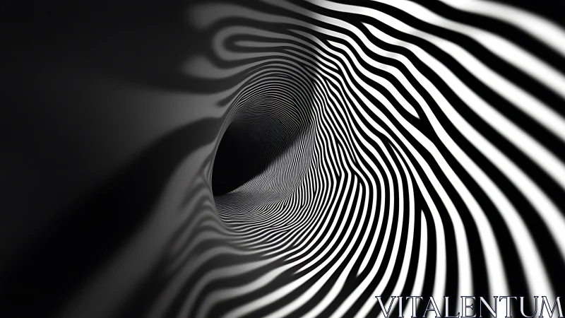 Monochrome striped tunnel curves into deep abstract void