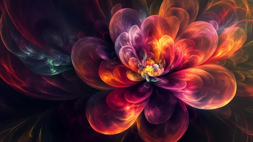 Fractal flower bloom radiates luminous neon petals outward.