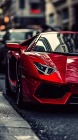 Scarlet street predator idling in a canyon of glass.