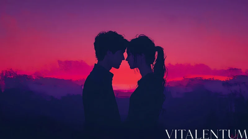 Silhouetted couple kiss against vivid sunset gradient.