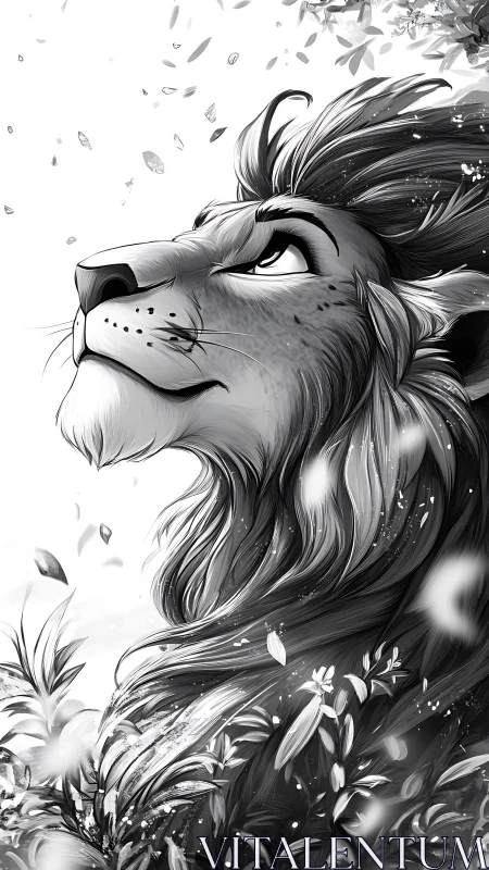 Gentle lion gazing upward in a breeze of drifting leaves.