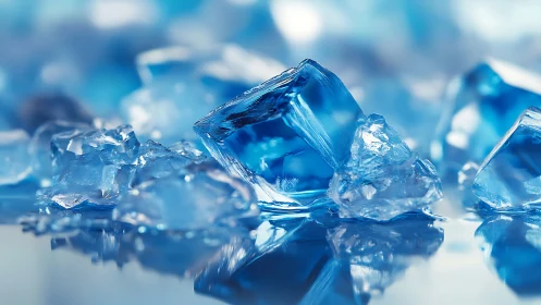 Gleaming blue ice cubes rest on a reflective chilled surface.