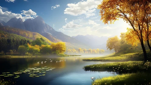 Mountain lake landscape with autumn trees and distant peaks.