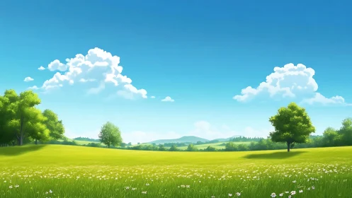 Soft summer meadow under storybook blue skies.