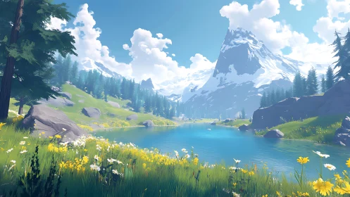 Snowy mountain rises over tranquil alpine lake at sunrise