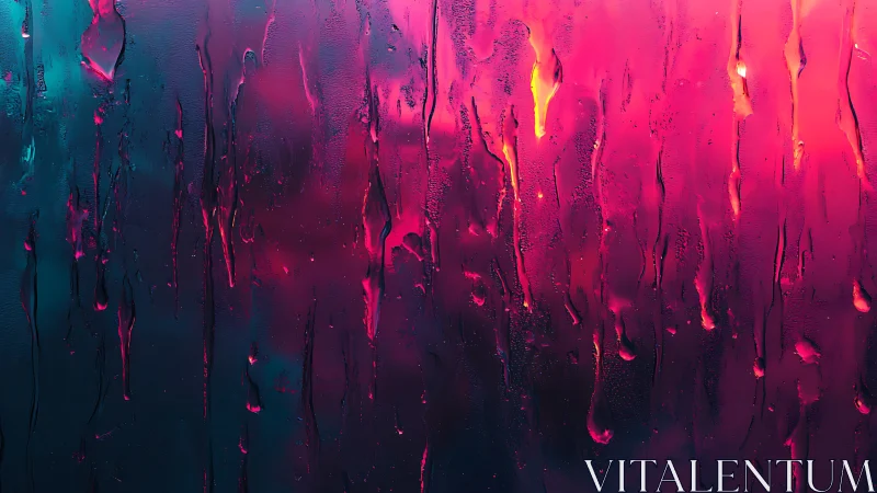 Neon rain streaks slide down glass in vivid magenta teal glow