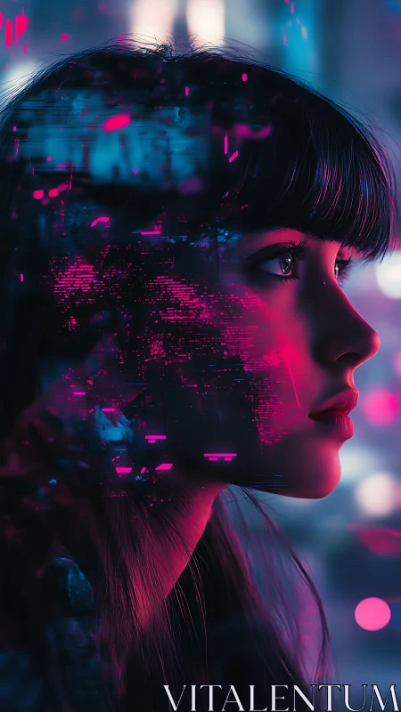 Profile view of woman overlaid with neon digital interface