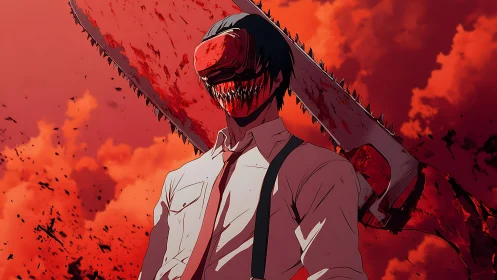 Chainsaw-headed character stands in blood-red sky scene