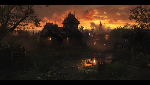 Burning medieval village under ominous twilight sky.