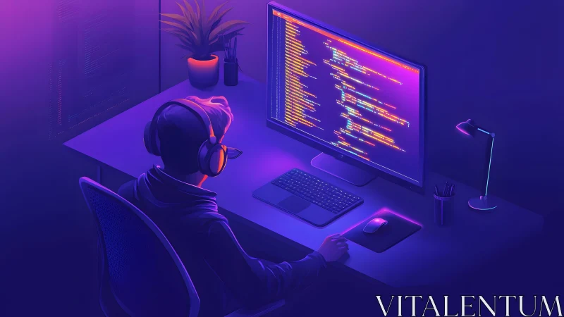 Programmer coding at night in neon-lit modern workspace, digital art.
