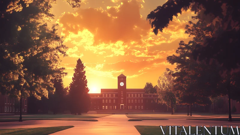 Sunlit campus clocktower framed by trees at golden hour.