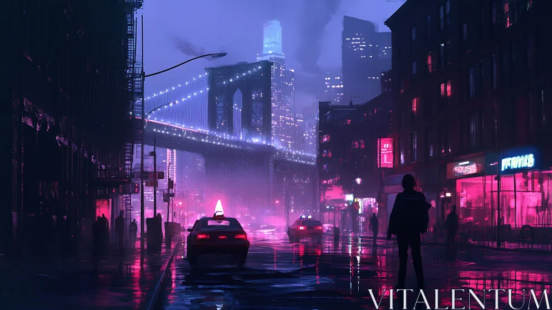 Neon taxi crosses rainy bridge under violet city glow