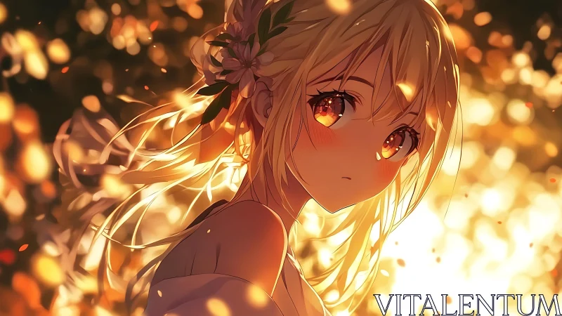 Blonde anime girl in warm backlight with floating particles.