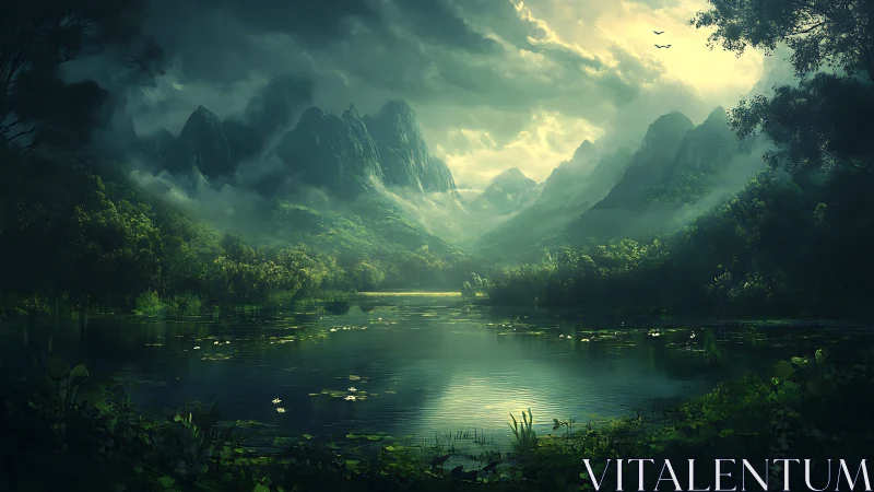 Luminous mist over mountainous forest lake in digital painting