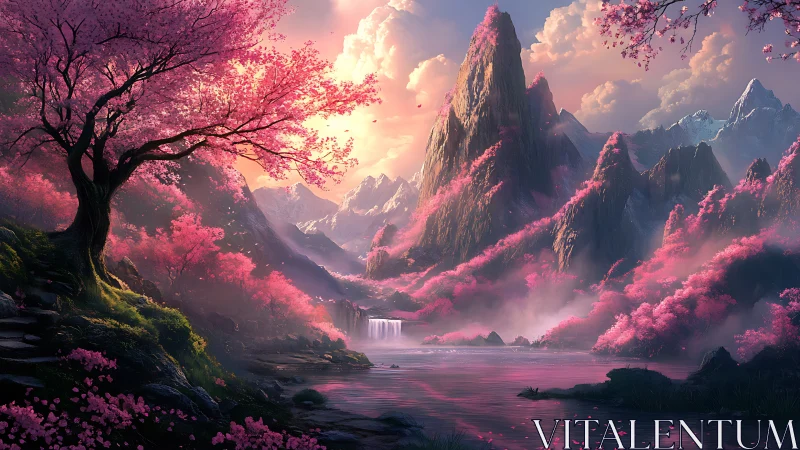 Luminescent cherry blossom valley surrounding misted peaks.