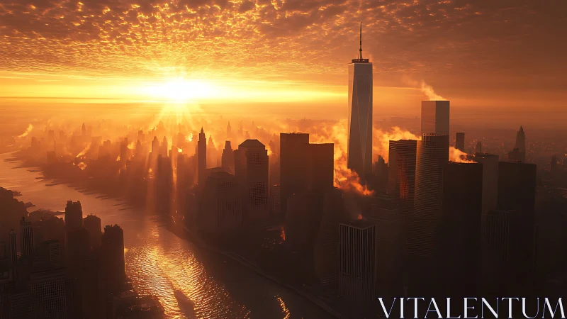 Golden sunrise floods a modern skyline with radiant light.