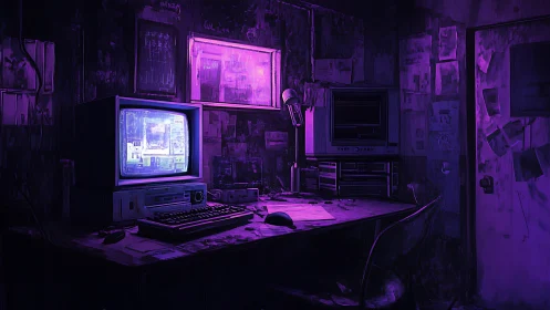 Retro computer workstation in dim violet room scene.