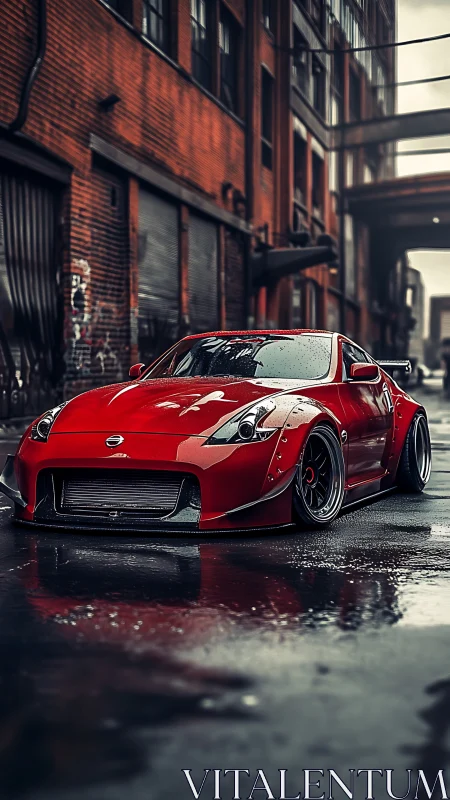 Widebody red sports coupe in rain-soaked industrial alley.